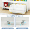 Movable drawers of the white kids' toy storage organizer with 360° wheels and lockable features for easy access.