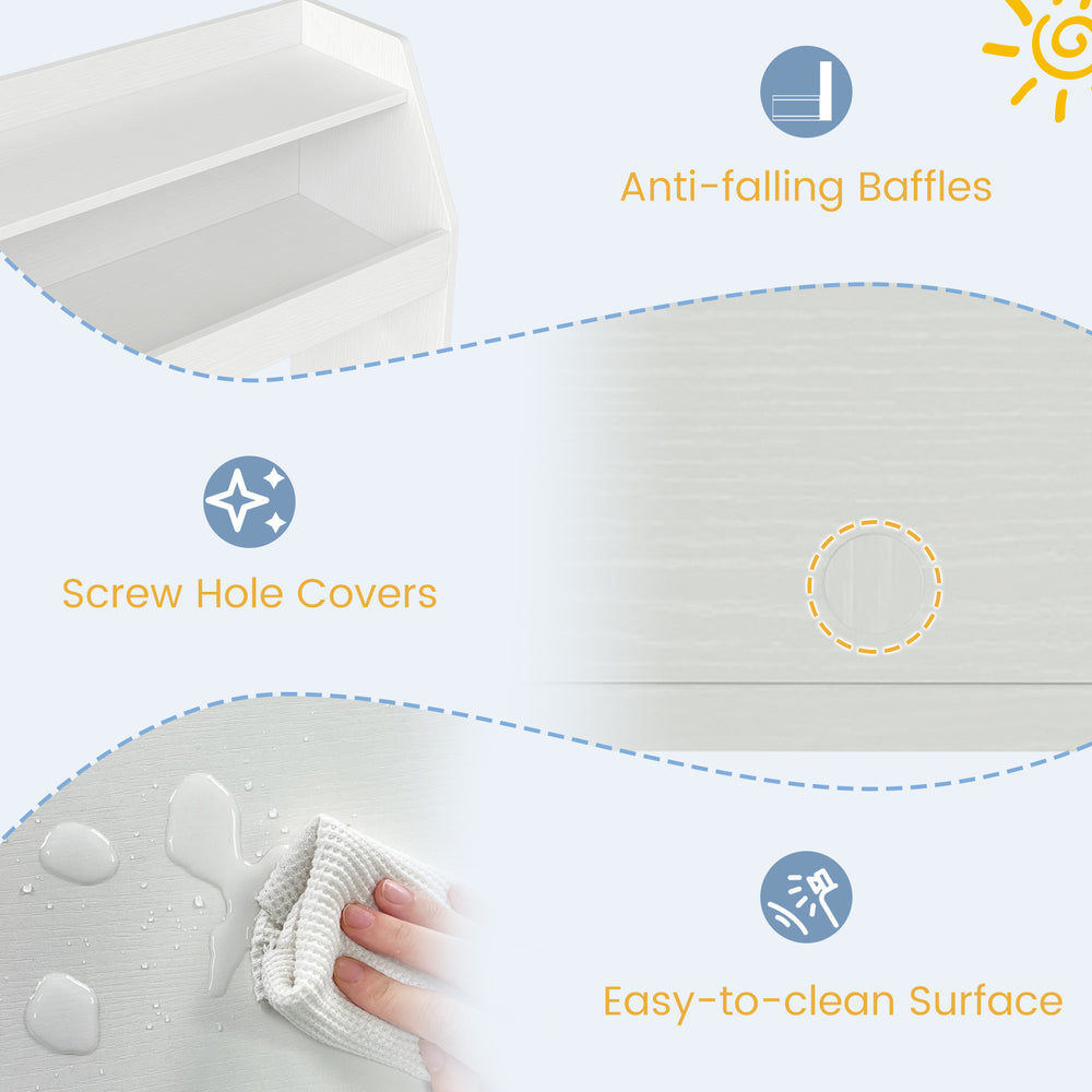 Kids toy storage organizer features an easy-to-clean surface, anti-falling baffles, and screw hole covers for safety.