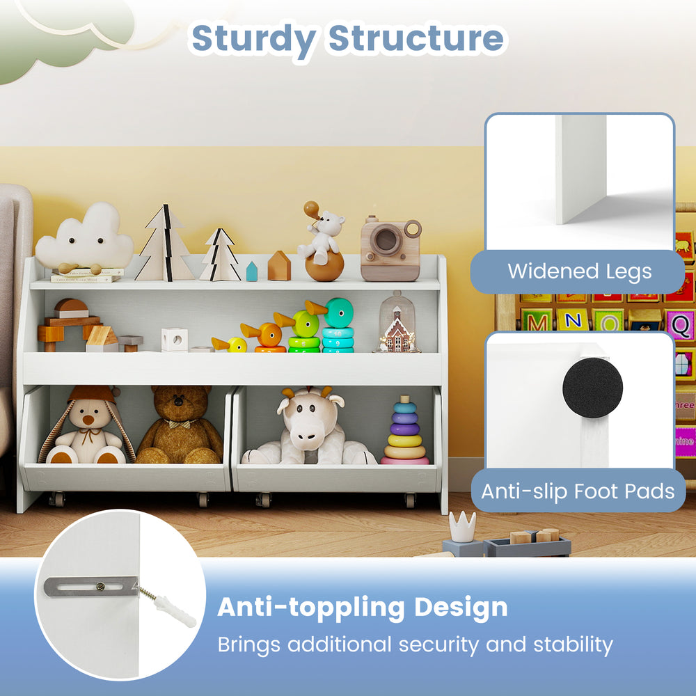 Kids toy storage organizer in white with 2 movable drawers and anti-topping design, ideal for playrooms and classrooms.