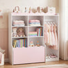 Kids toy storage organizer in pink with 6 cubes, clothing rack, and movable drawer for easy access and organization.