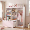 Kids toy storage organizer in pink featuring a top shelf and dressed-up clothes for a fun and organized playroom.