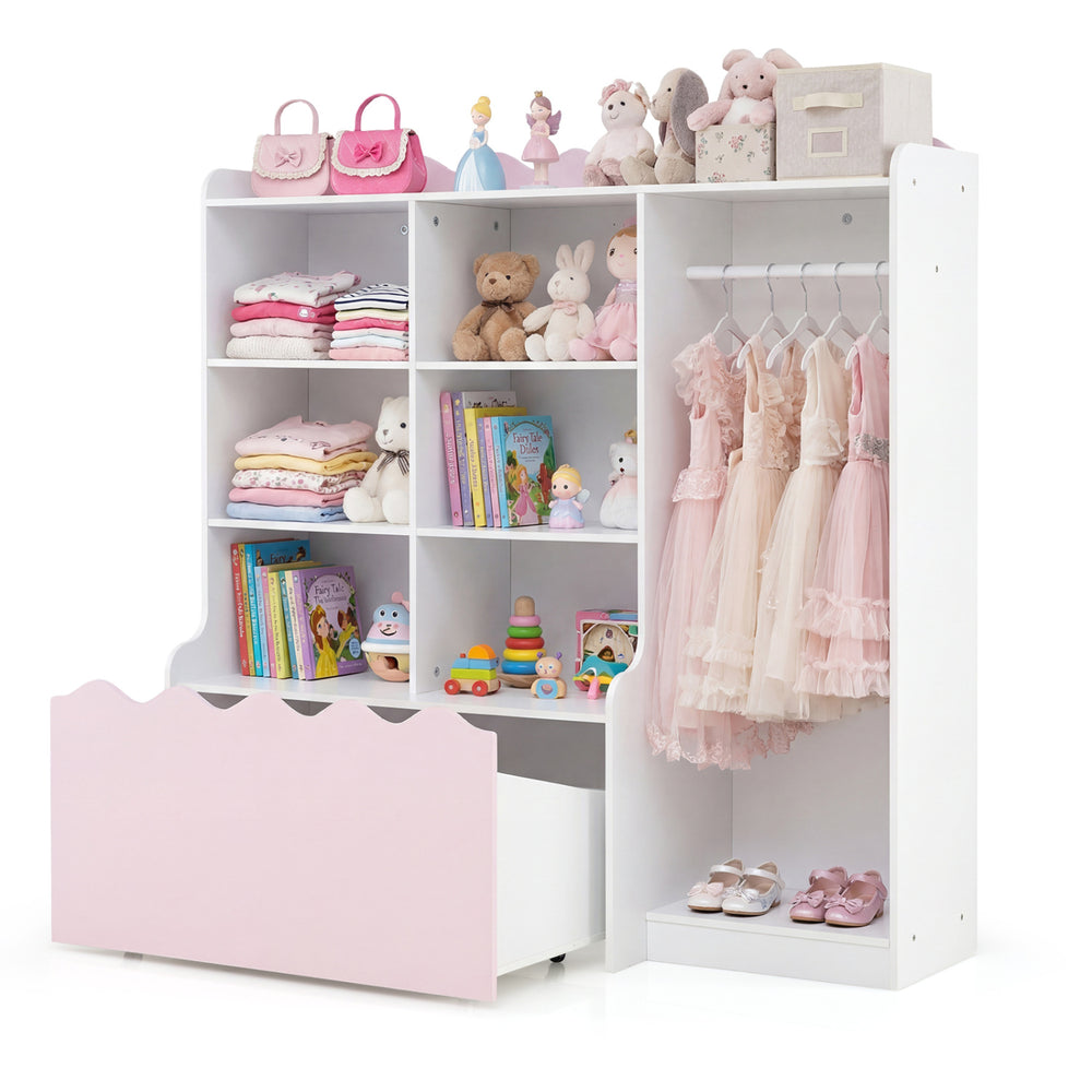 Pink kids toy storage organizer featuring a clothing rack and a movable drawer, ideal for keeping toys and clothes tidy.