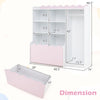 Dimensions of the pink kids toy storage organizer showing the top shelf, 6 cubes, and movable drawer for optimal space.