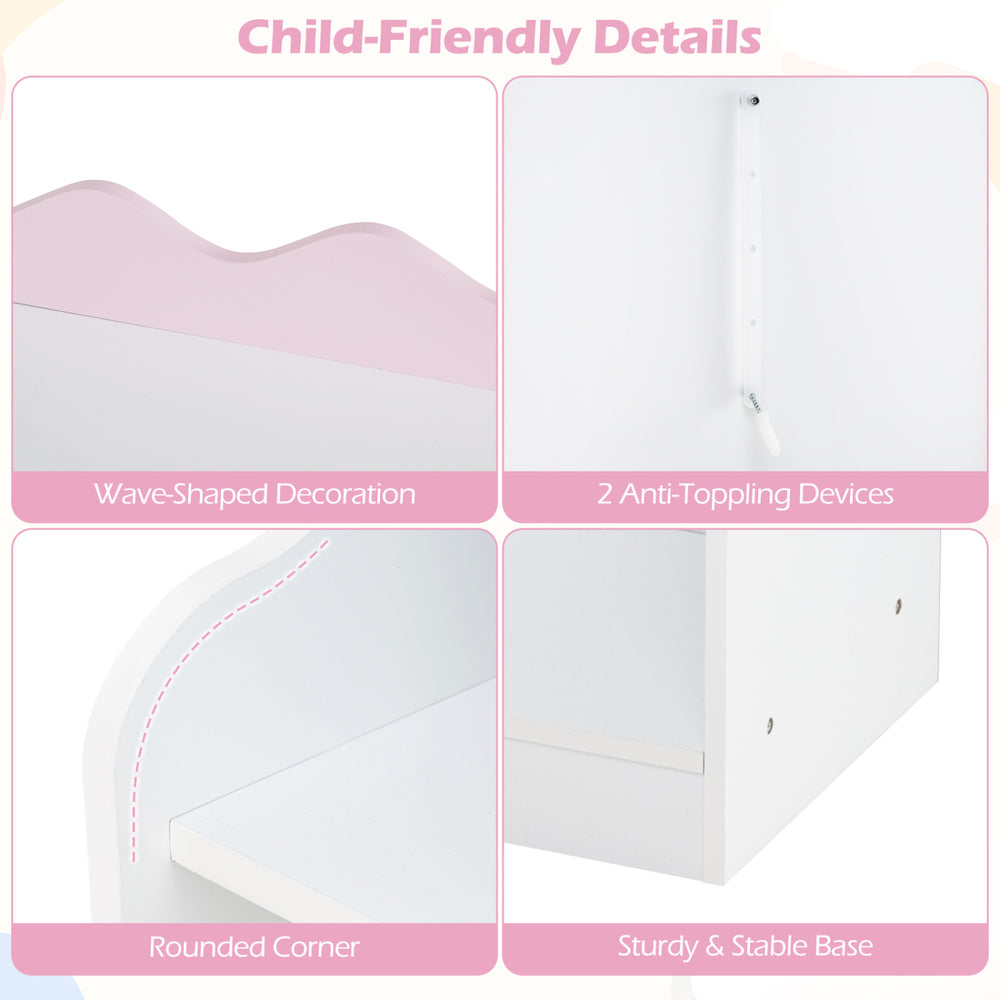 Kids toy storage organizer with pink wave-shaped decoration, sturdy base, and rounded corners for safety and stability.