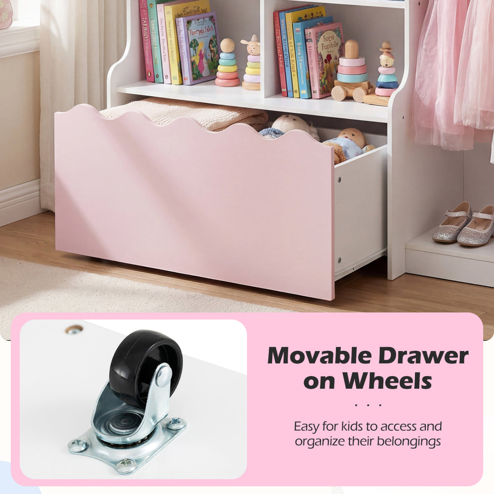 Movable drawer on wheels in a pink kids toy storage organizer, perfect for easy access to toys and clothes.