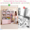 Kids toy storage organizer in pink featuring a top shelf and anti-toppling devices for added safety and stability.