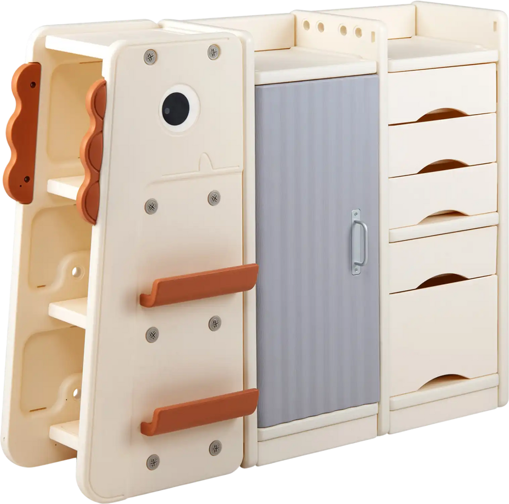 Kids toy storage organizer in beige featuring a closed cabinet and multiple shelves with raised baffles for safe.