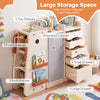 Kids toy storage organizer in beige with multiple shelves, 5 removable bins, and a cute dinosaur design for playroom.