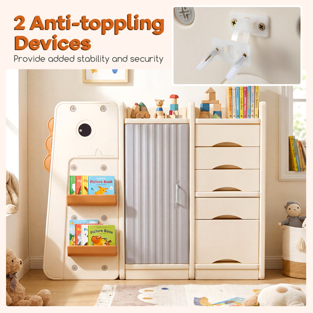 Kids toy storage organizer in beige with 5 removable bins, enclosed cabinet, and anti-tipping devices for safety.