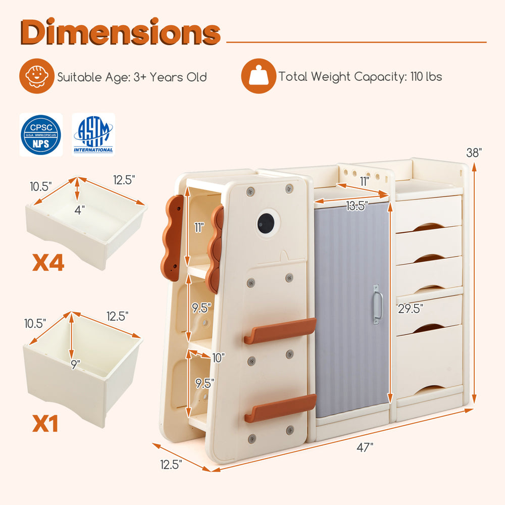 Kids toy storage organizer in beige with 5 removable bins and enclosed cabinet, perfect for playroom organization.