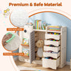 Kids toy storage organizer in beige with 5 removable bins, waterproof surface, and cute dinosaur design for playroom.