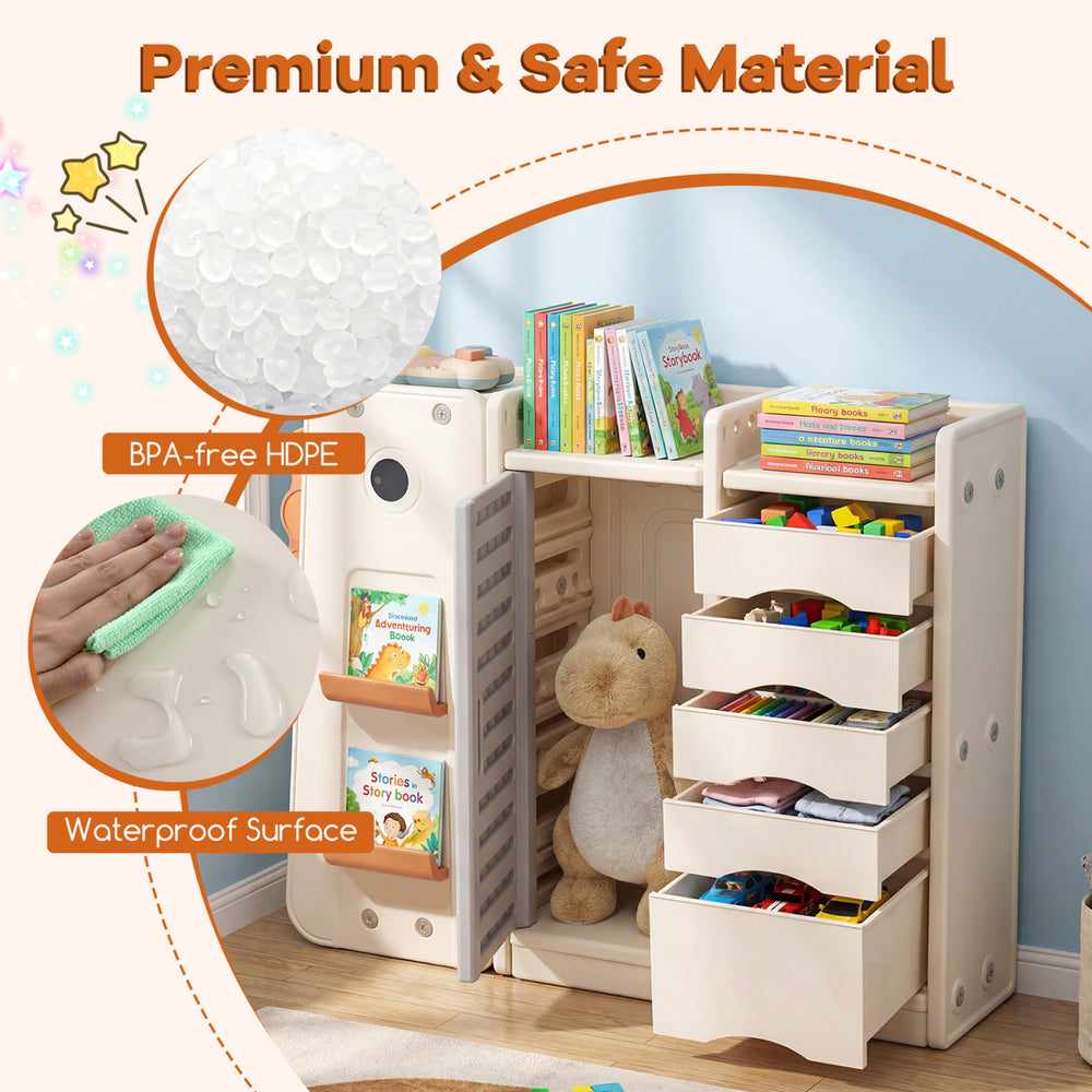 Kids toy storage organizer in beige with 5 removable bins, waterproof surface, and cute dinosaur design for playroom.