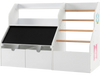 Kids toy storage organizer in white with a flip-up blackboard, featuring open storage and five pine wood hanging rods.