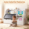 Kids toy storage organizer with flip-up blackboard, colorful patterns, and open storage for easy access to toys and books.