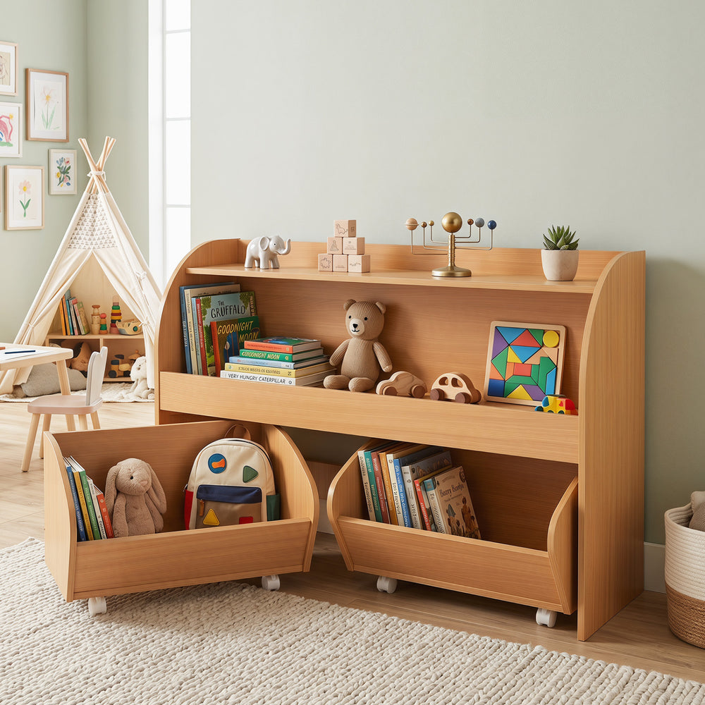 Kids toy storage organizer with two rolling drawers and a 3-tier bookshelf, designed for safe and easy access in children's spaces.