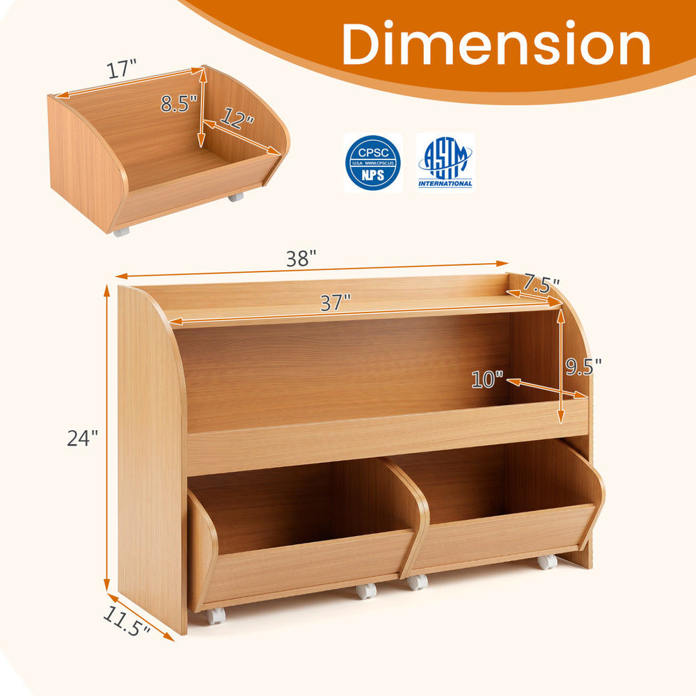 Kids toy storage organizer featuring 2 rolling drawers and 3-tier bookshelf, designed for playrooms and child-friendly use.