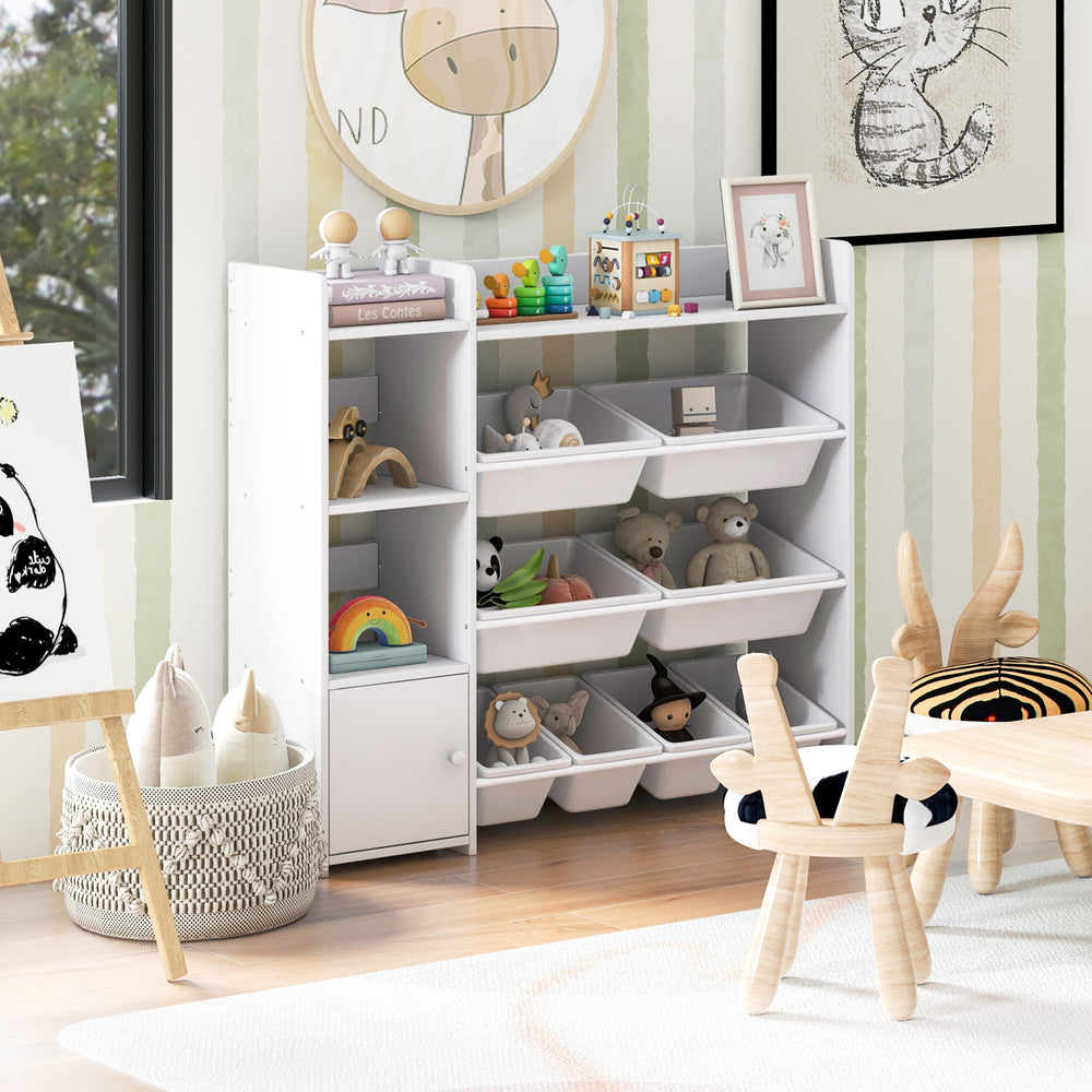 4-tier kids toy storage organizer in white with removable bins, cabinet door, and rounded corners for safe playroom use.