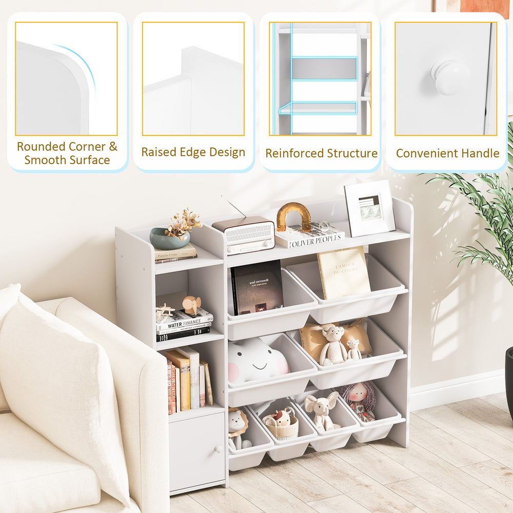 4-tier kids toy storage organizer in white with removable bins, rounded corners, and convenient handle for safe use.