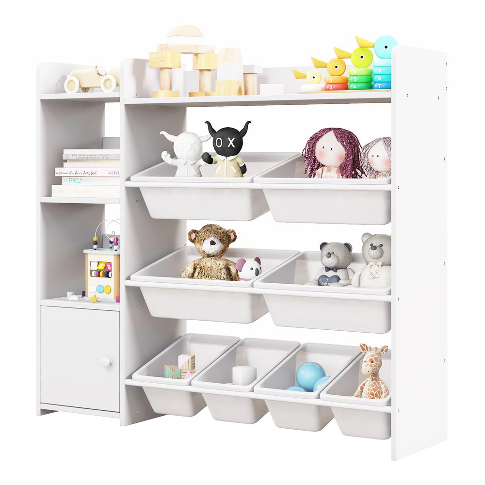 4-tier white kids toy storage organizer with removable bins, cabinet, and safety features for playroom or bedroom use.