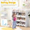 4-tier kids toy storage organizer in white with removable bins, designed for safety and easy access in playrooms.