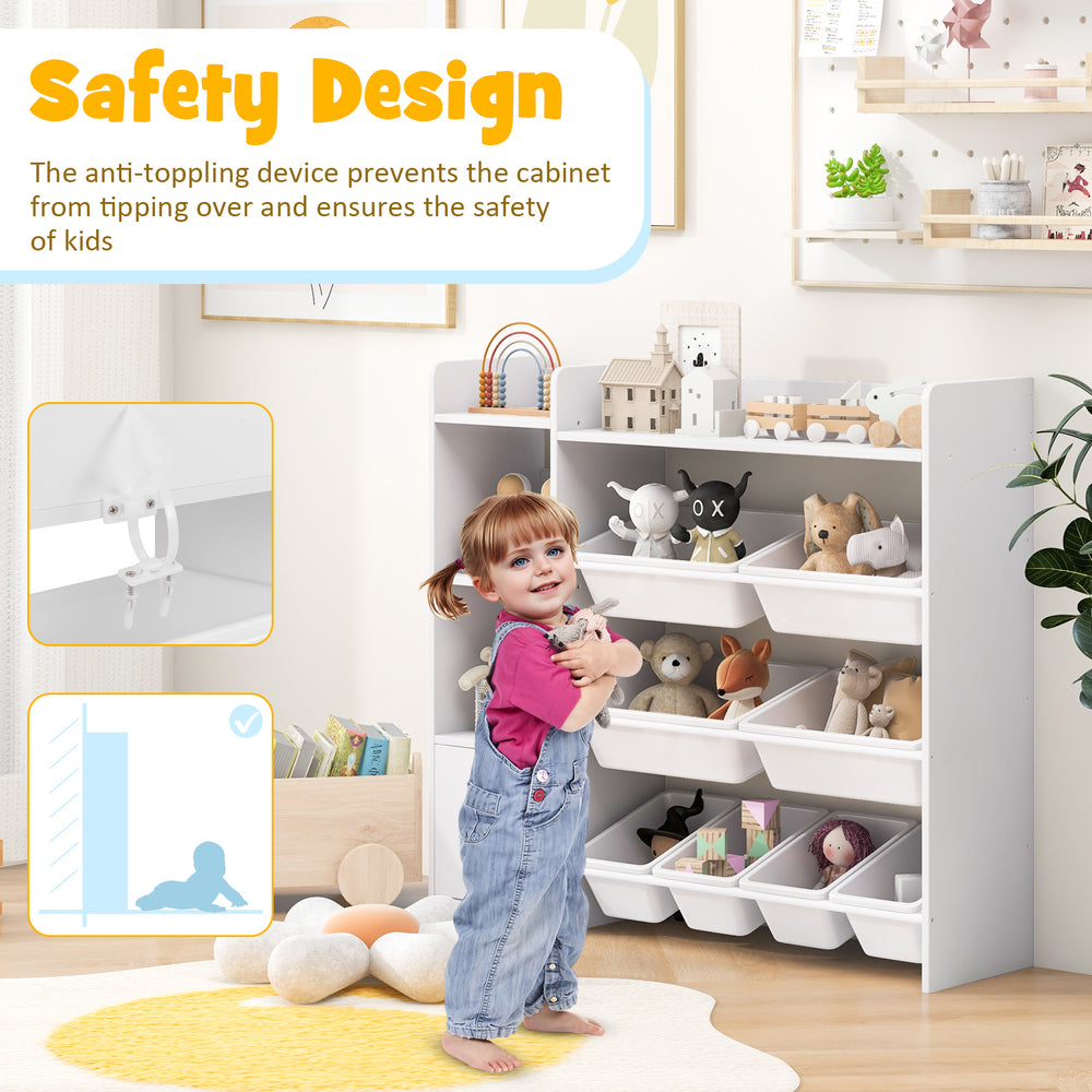 4-tier kids toy storage organizer in white with removable bins, designed for safety and easy access in playrooms.