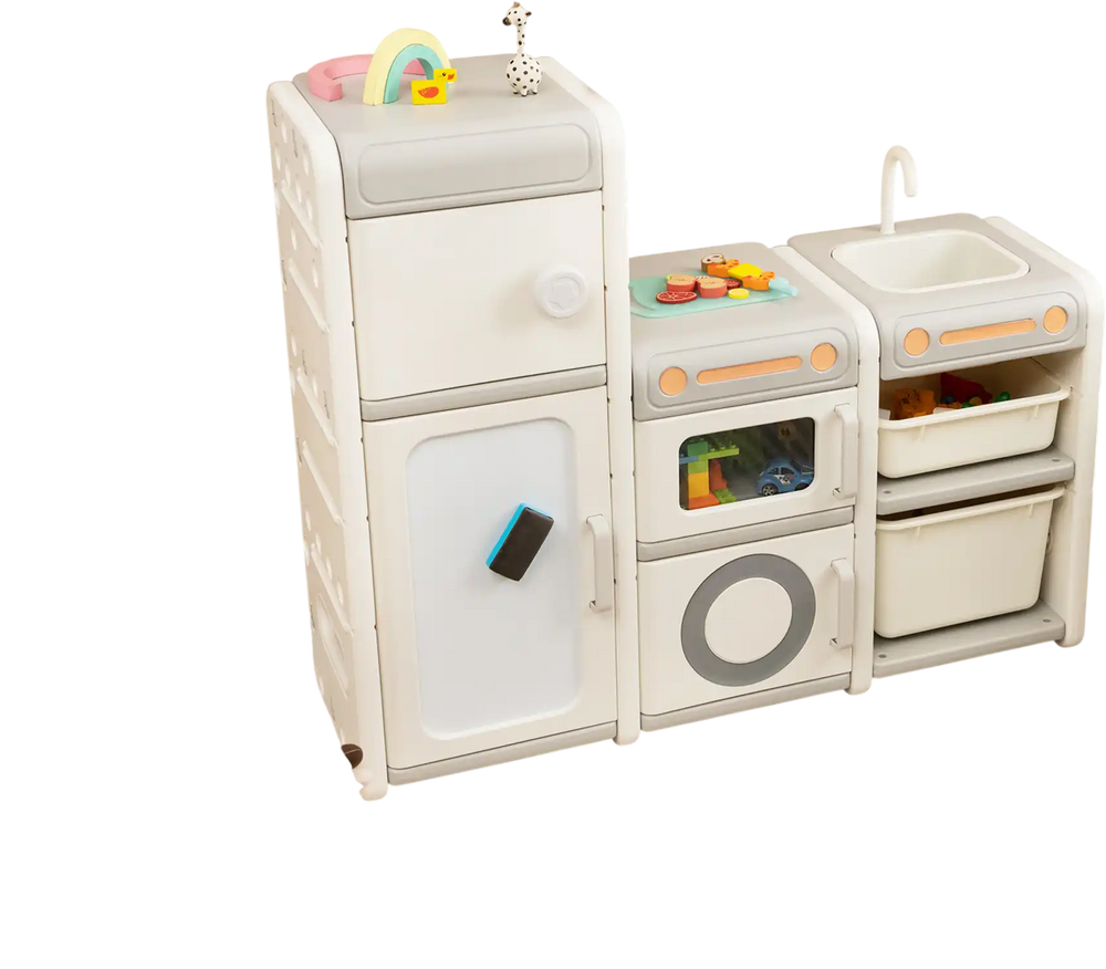 Multipurpose toy chest and bookshelf in gray with removable sink, storage bins, and magnetic whiteboard for kids'.