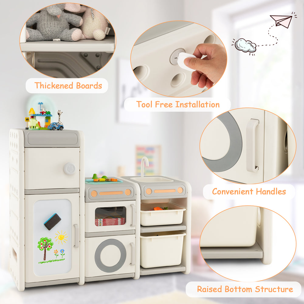 Multipurpose toy chest and bookshelf in gray featuring thickened boards, convenient handles, and tool-free installation.