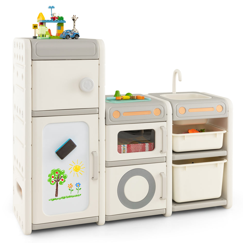 Multipurpose toy chest and bookshelf in gray with magnetic whiteboard, sink, and multiple storage areas for kids'.