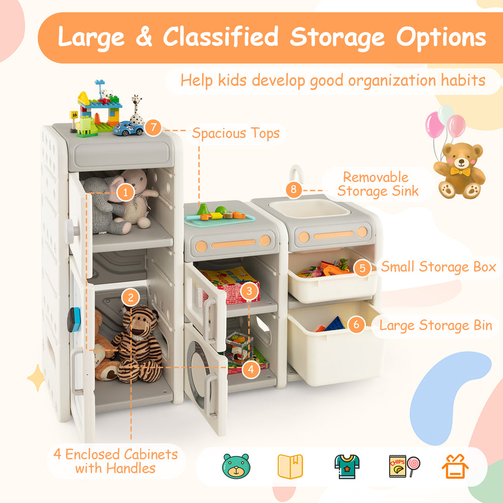 Multipurpose toy chest and bookshelf in gray with spacious tops, enclosed cabinets, and removable sink for kids'.