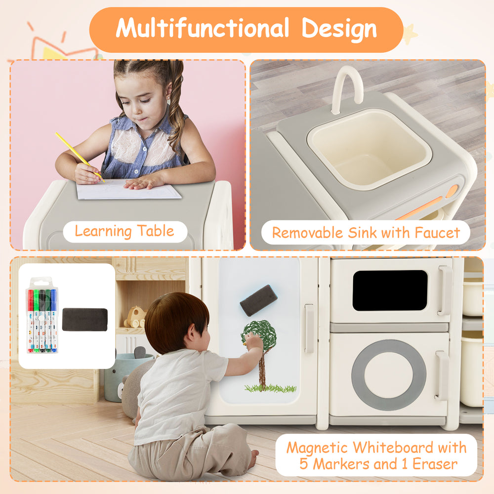 Multipurpose toy chest and bookshelf in gray with removable sink, magnetic whiteboard, and spacious storage for kids.