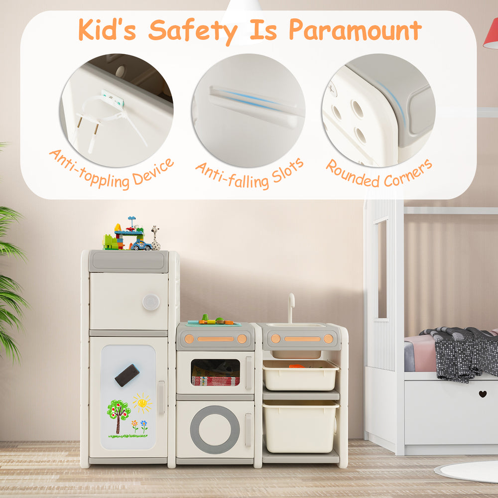 Multipurpose toy chest and bookshelf in gray with magnetic whiteboard, featuring anti-toppling device and rounded.