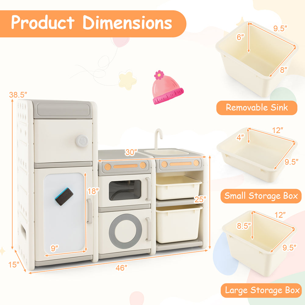 Multipurpose toy chest and bookshelf in gray with removable sink, storage boxes, and magnetic whiteboard for kids'.