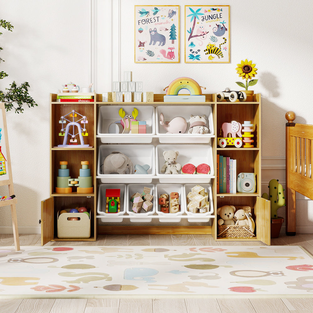 Kids toy storage and bookshelf in beige with open shelves and boxes, perfect for organizing toys in playrooms.