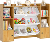 Kids toy storage and bookshelf in beige with 4 large boxes, 2 cabinets, and open shelves for organized playroom storage.