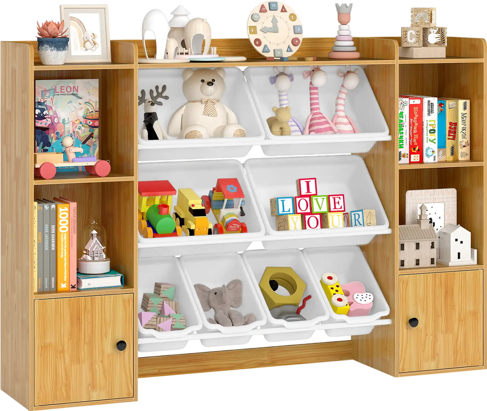 Kids toy storage and bookshelf in beige with 4 large boxes, 2 cabinets, and open shelves for organized playroom storage.