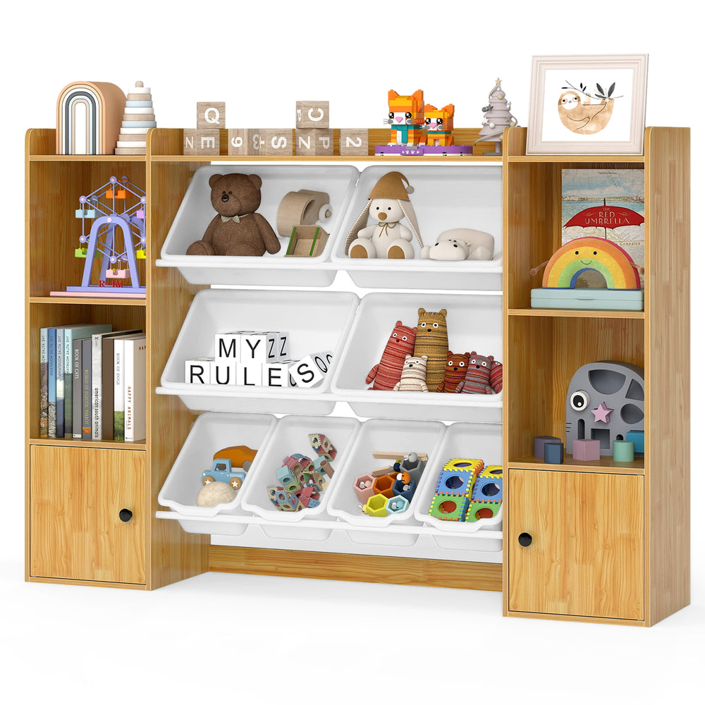 Kids toy storage and bookshelf in beige with open compartments and boxes, perfect for organizing toys and books.