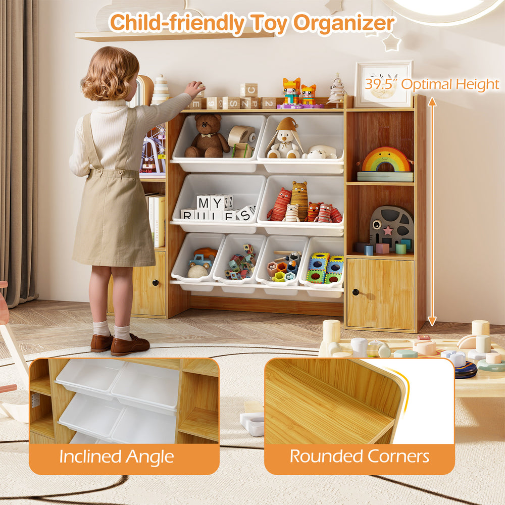 Kids toy storage and bookshelf in beige with open compartments and rounded corners, designed for easy access and safety.