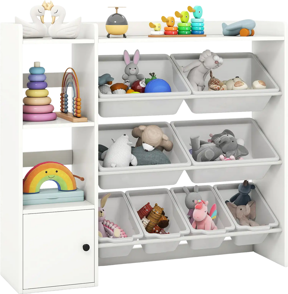 Kids toy storage and bookshelf in white with open shelves, cabinet, and 8 storage boxes for organized playroom use.
