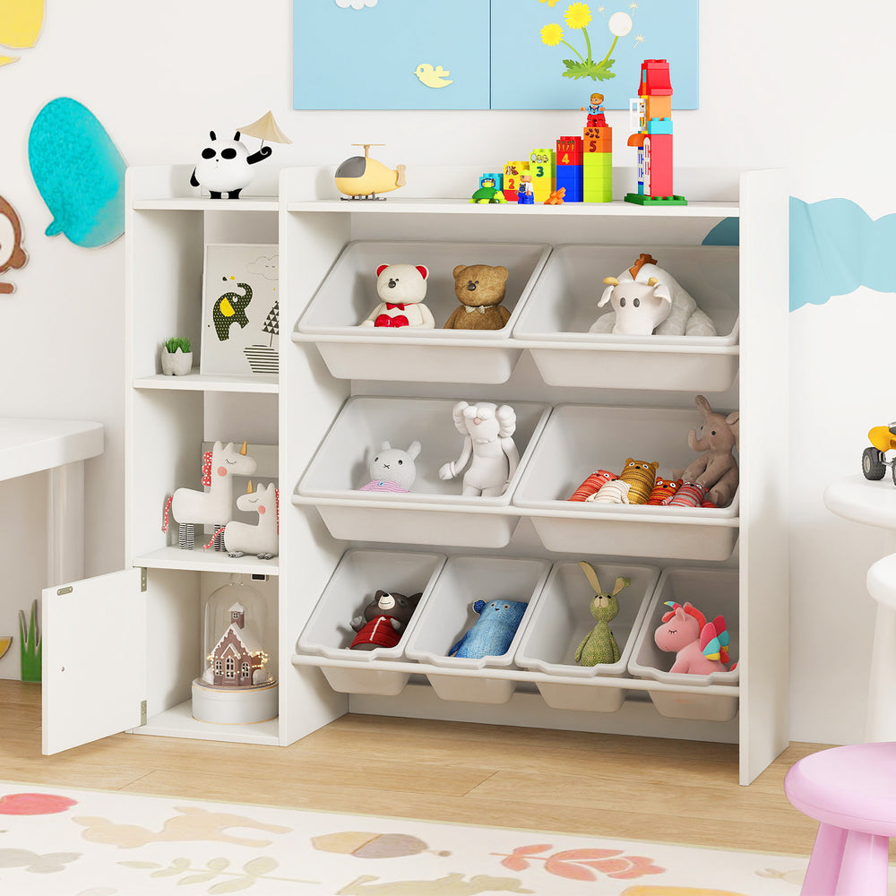 Kids toy storage and bookshelf in white with 8 boxes and open shelves, perfect for playrooms and classrooms.