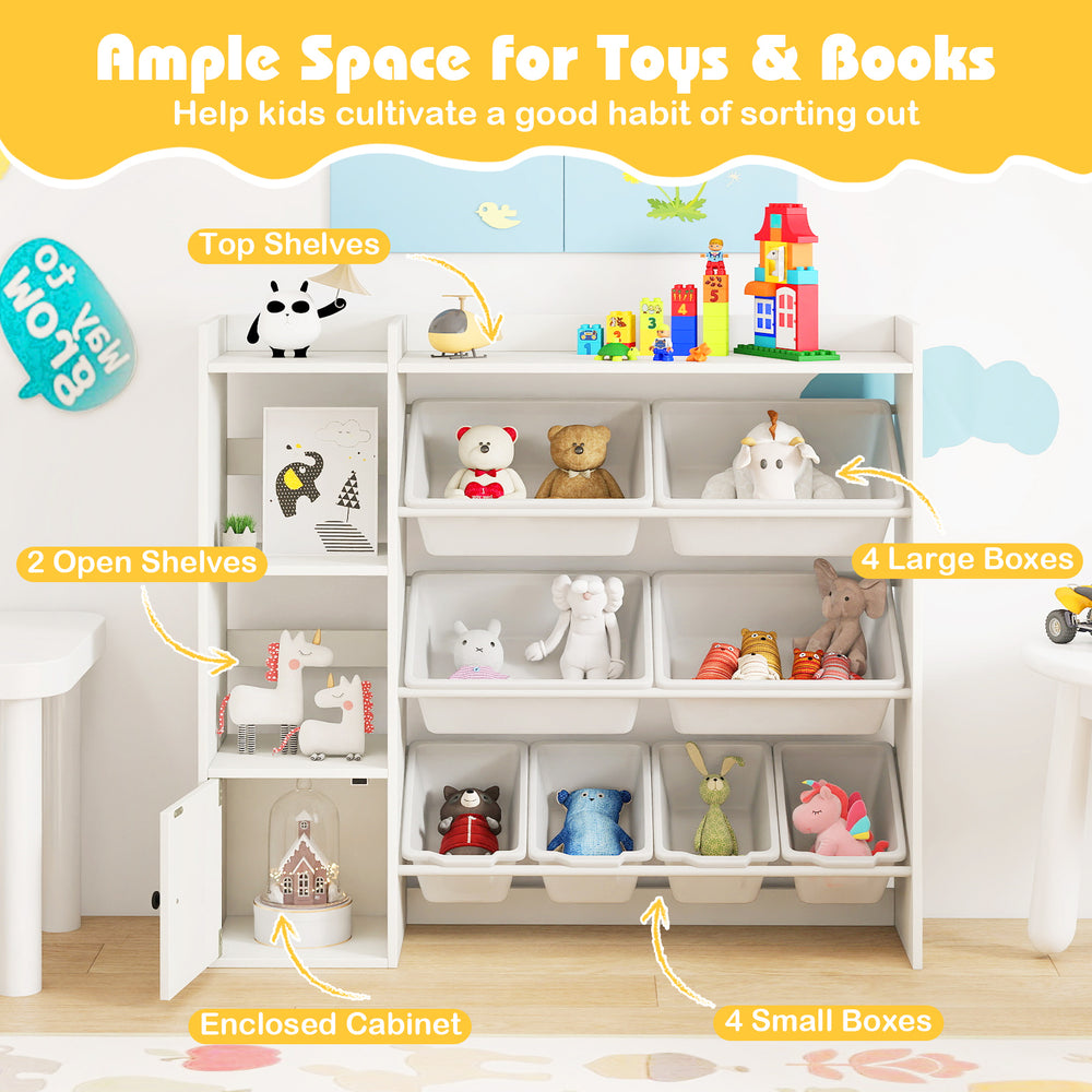 Kids toy storage and bookshelf in white with open shelves, cabinet, and large boxes for organized playroom storage.