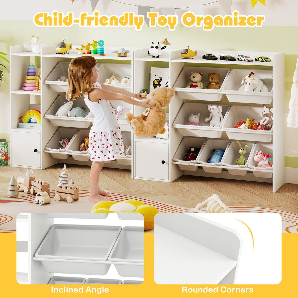 Kids toy storage and bookshelf in white with open shelves, rounded corners, and 8 storage boxes for easy access.
