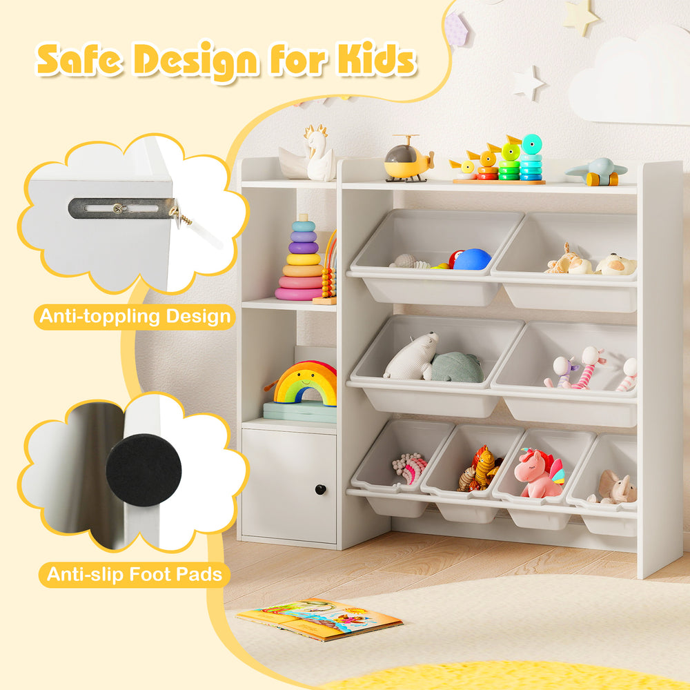 Kids toy storage and bookshelf in white with open shelves, 8 boxes, and anti-topping design for safe playroom.