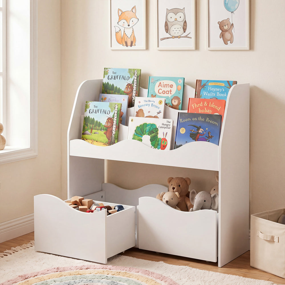Kids Toy Wooden Storage Organizer with 2 Rolling Drawers for Kids Room-White - Gallery View 1 of 10