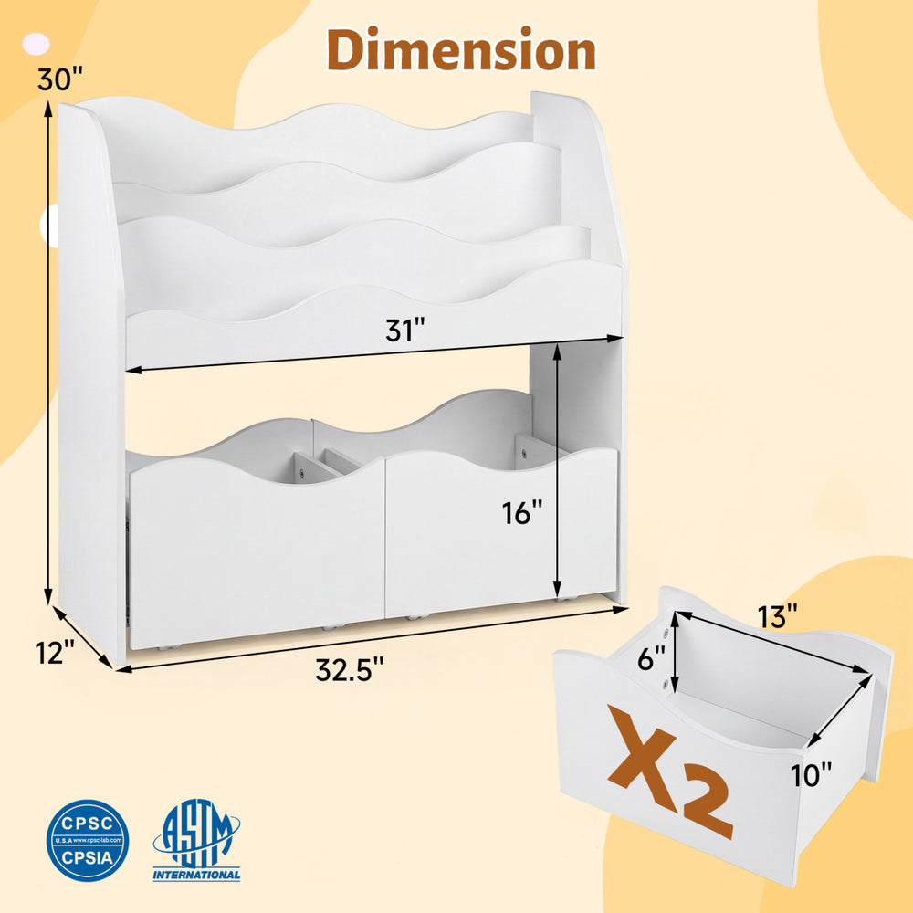 Kids toy wooden storage organizer in white features a 3-tier bookshelf and 2 rolling drawers for easy access and organization.