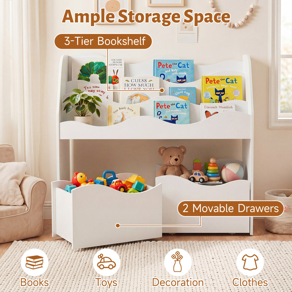 3-tier bookshelf with 2 rolling drawers in white, ideal for organizing books and toys in kids' rooms or playrooms.
