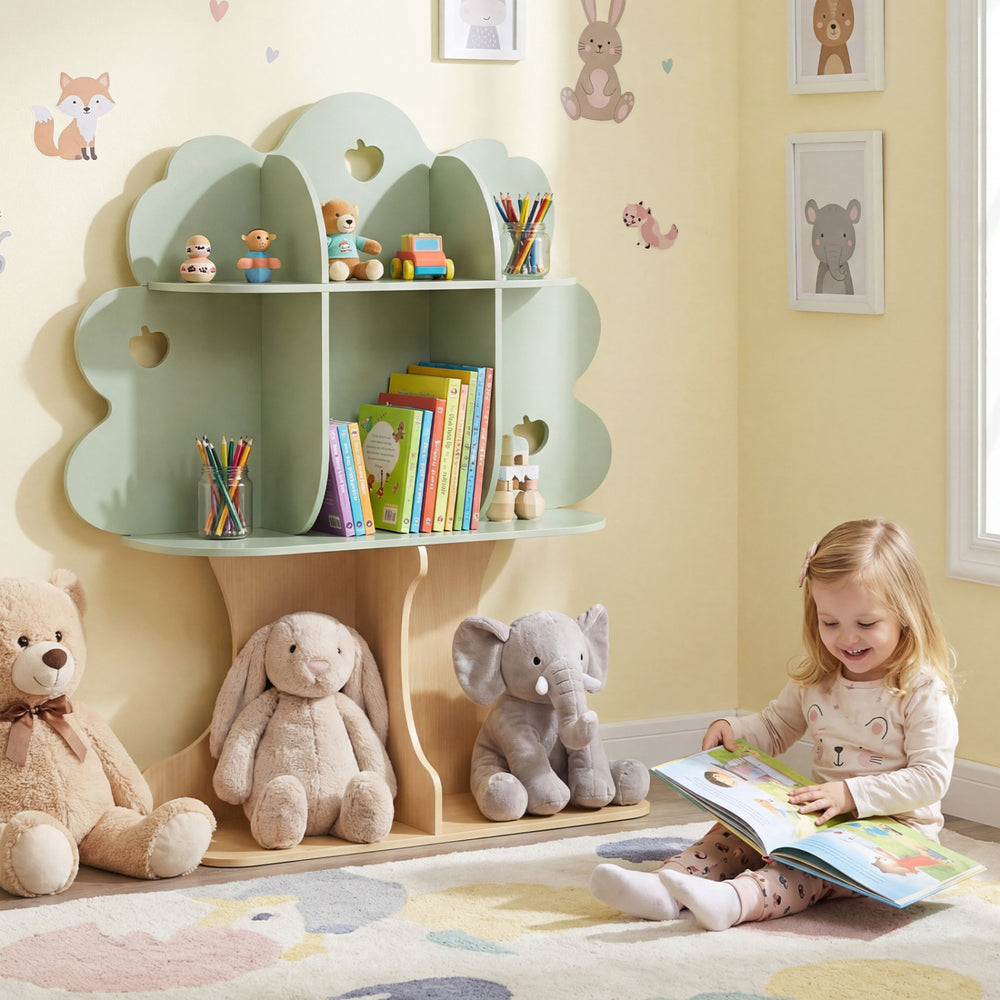 Tree-shaped kids bookshelf in green with open shelves, perfect for storing books and toys in a child's room.