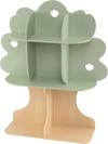 Tree-shaped kids bookshelf in green, featuring 3 tiers and 8 open shelves for books and toys, perfect for a child's.
