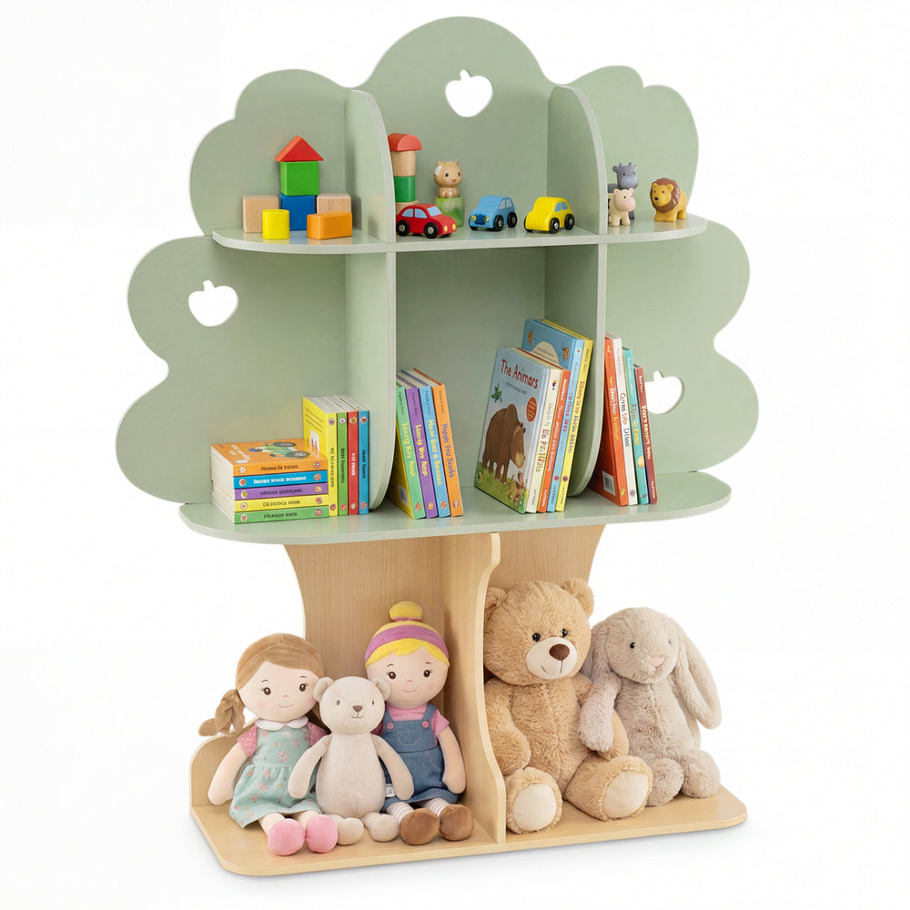 Tree-shaped kids bookshelf in green, featuring 3 tiers and 8 storage zones for books, toys, and decor in a child's room.