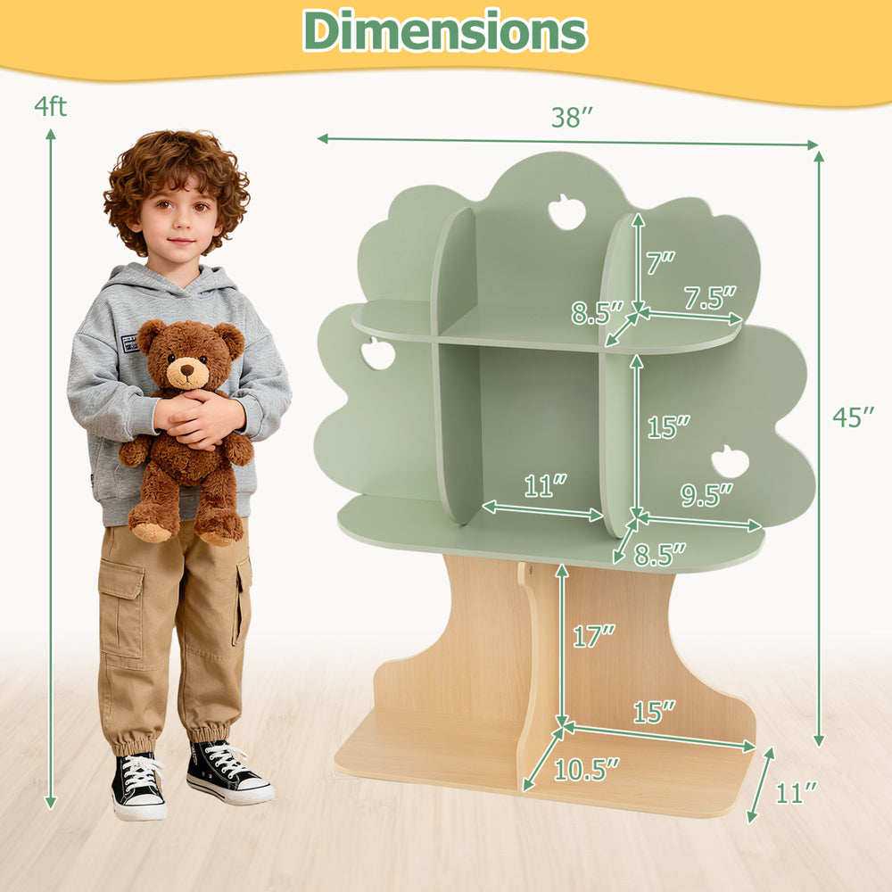 Tree-shaped kids bookshelf in green, 45" tall with 8 open shelves for books and toys, perfect for a child's room.