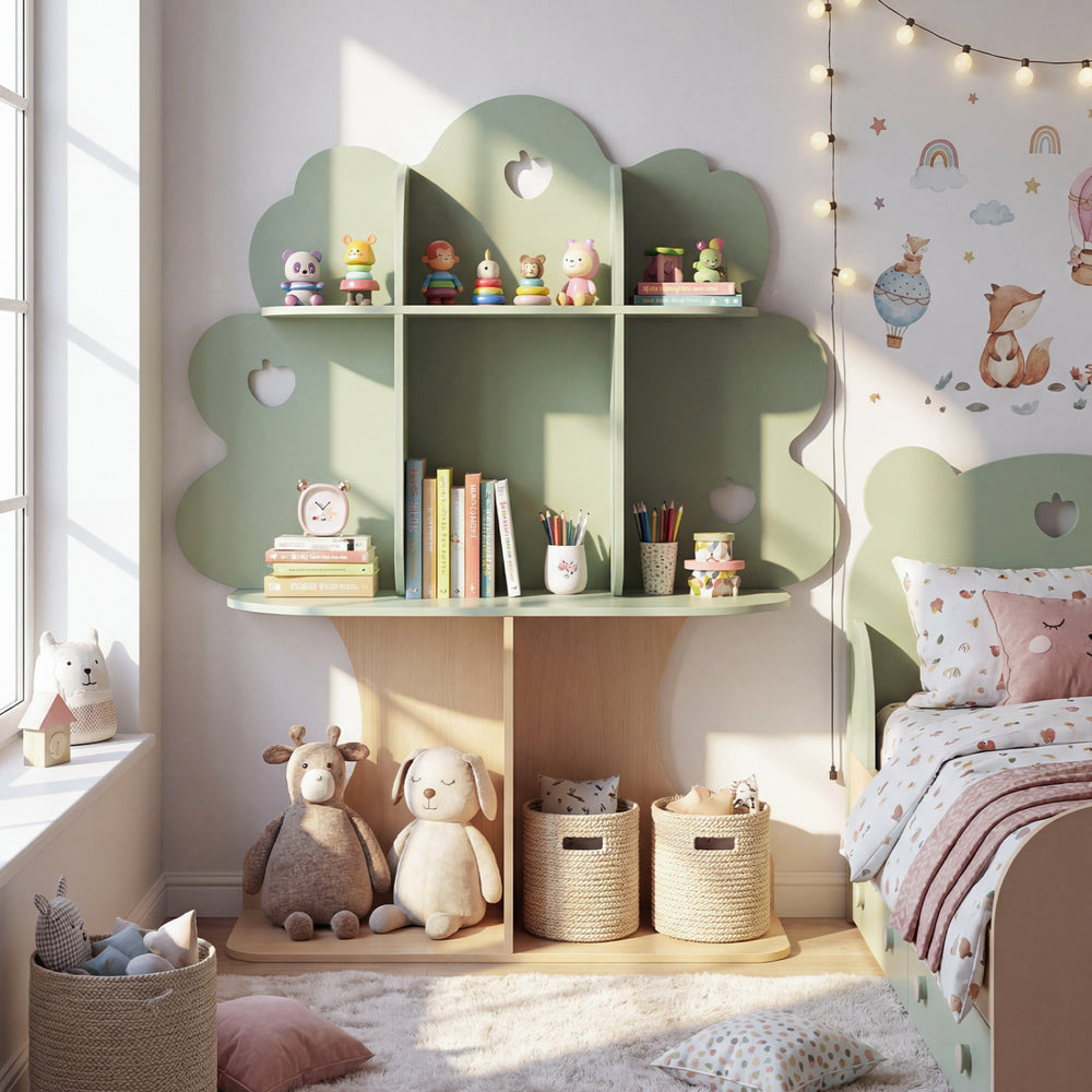 Tree-shaped kids bookshelf in green with open shelves, featuring apple-shaped cutouts for playful storage and display.